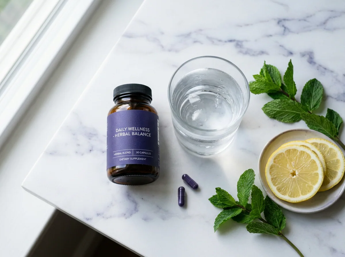 Ozalyn supplement flacon met glas water en verse ingrediënten